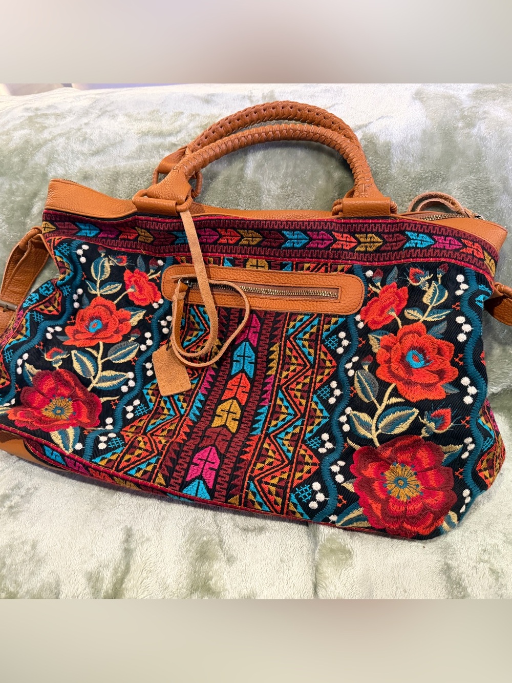 Johnny Was overnight bag with leather handles and trim